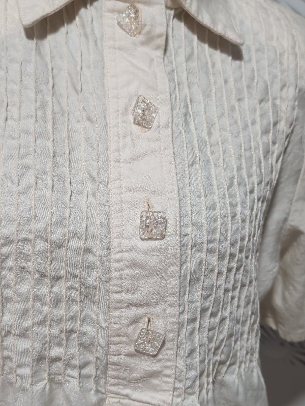 Vintage 80's Classic Cream Pintuck Cotton Dress With Pockets And Shoulder Pads - Picture 3 of 7